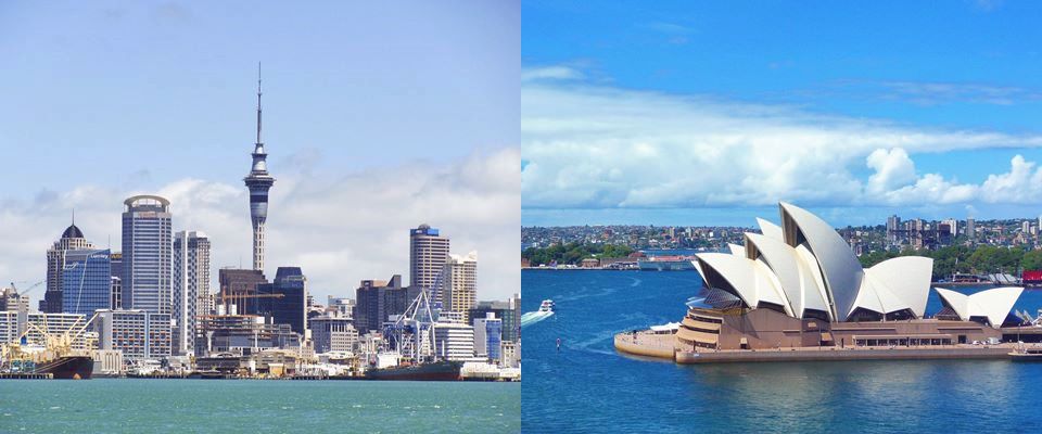 A partida inaugural da Copa do Mundo Feminina de 2023 foi disputada em Auckland, Nova Zel�ndia (� esquerda) e a Final do Mundial Feminino foi disputada em Sydney, Austr�lia (� direita)