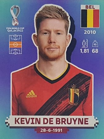 Figurinha de Kevin De Bruyne - Jogador da Seleção da Bélgica na Copa do Mundo de Futebol de 2022 no Catar (Qatar) - Foto: Panini/Divulgação