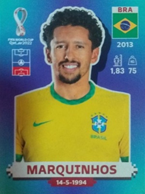 Figurinha de Marquinhos - Jogador da Seleção Brasileira na Copa do Mundo de Futebol de 2022 no Catar (Qatar) - Foto: Panini/Divulgação