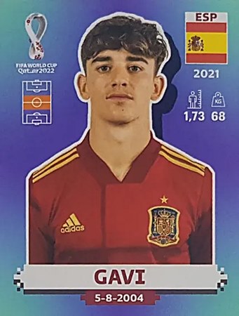 Figurinha de Gavi - Jogador da Seleção da Espanha na Copa do Mundo de Futebol de 2022 no Catar (Qatar) - Foto: Panini/Divulgação