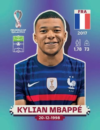 Figurinha de Kylian Mbapp� - Jogador da Sele��o Francesa na Copa do Mundo de Futebol de 2022 no Catar (Qatar) - Foto: Panini/Divulga��o