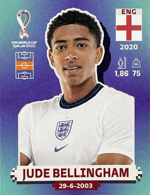 Figurinha de Jude Bellingham - Jogador da Seleção da Inglaterra na Copa do Mundo de Futebol de 2022 no Catar (Qatar) - Foto: Panini/Divulgação
