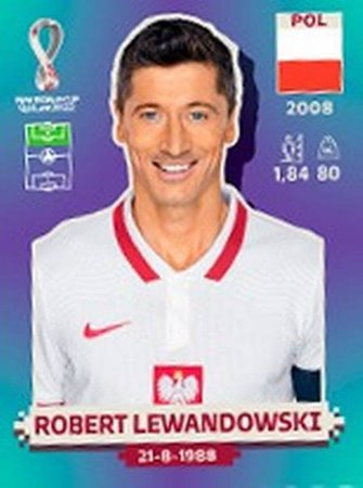 Figurinha de Robert Lewandowski - Jogador da Seleção Polonesa na Copa do Mundo de Futebol de 2022 no Catar (Qatar) - Foto: Panini/Divulgação