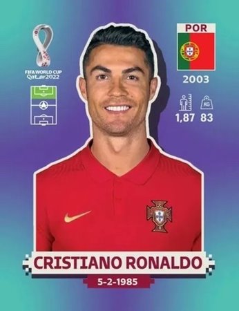 Figurinha de Cristiano Ronaldo - Jogador da Seleção Portuguesa na Copa do Mundo de Futebol de 2022 no Catar (Qatar) - Foto: Panini/Divulgação