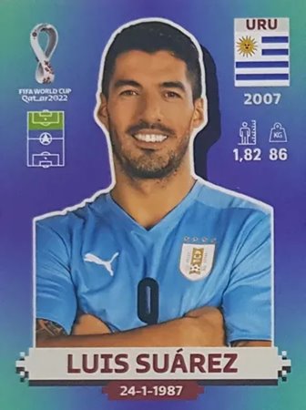 Figurinha de Luis Su�rez - Jogador da Sele��o do Uruguai na Copa do Mundo de Futebol de 2022 no Catar (Qatar) - Foto: Panini/Divulga��o