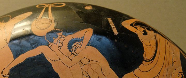 Detalhe de uma copa usada para se beber vinho na Gr�cia Antiga representanto uma luta do Jogos Ol�mpicos da Antiguidade.