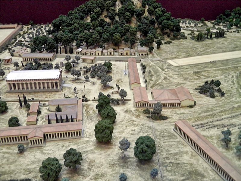 Maquete representando Olímpia, sede dos antigos Jogos Olímpicos da Antiguidade, tal como era por volta de 100 a.C. Foto: Carole